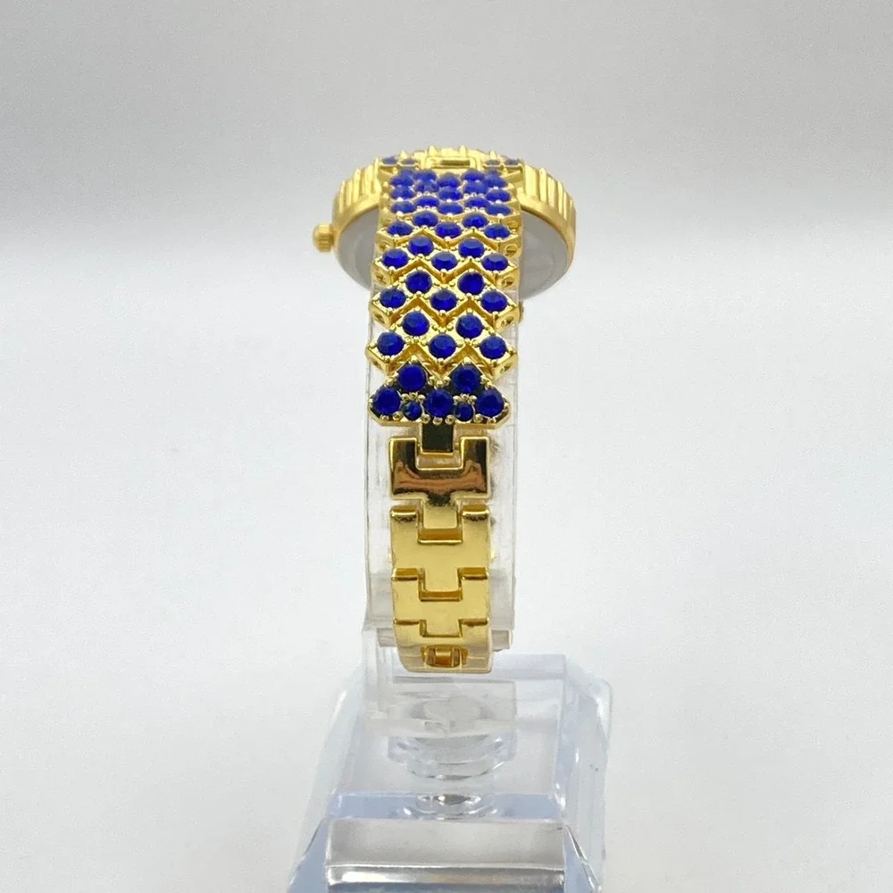 Modern Women's Watch 29mm Gold Tone Blue Crystals Bling Round New Battery 7.25